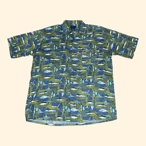 Vintage 70 80s JCPenney TownCraft Mens Rayon Marlin Fish Hawaiian Shirt Blue (M)